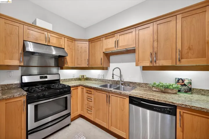 Kitchen featuring wood cabinetry, stainless steel appliances, granite countertops, and under-cabinet lighting