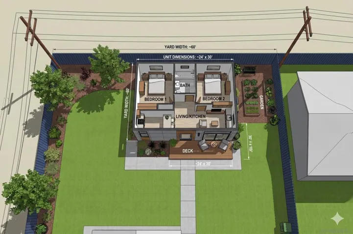 AI generated 3D rendering of 2 bedroom ADU.
