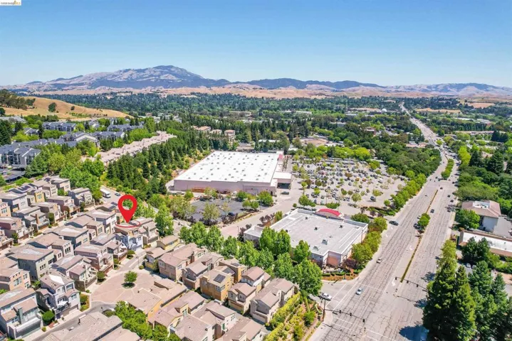 Residential development with varied architectural styles, surrounded by established greenery and mature trees