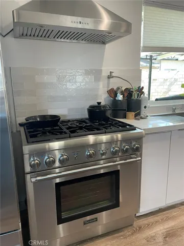 Stainless Steel gas range. SS hood, pot water filler.