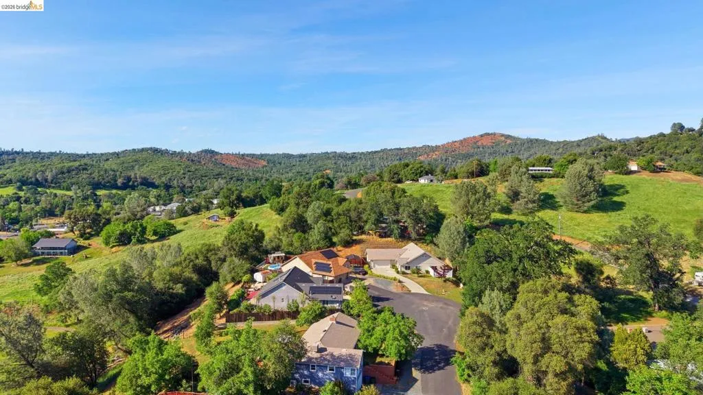 Aerial view of residential area with a forest and a mountain backdrop