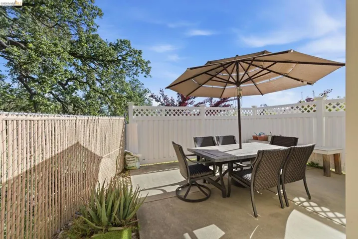 Fenced backyard featuring outdoor dining space and a patio area