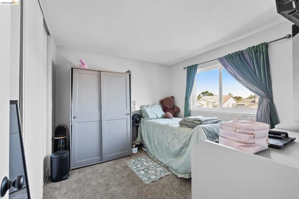 Bedroom featuring light gray walls, plush gray carpeting, a large window with white framing, and a built-in closet with sliding panel doors