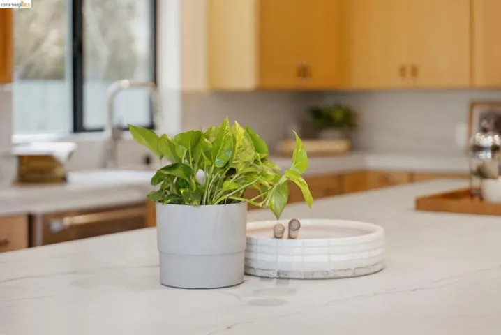 Kitchen featuring light-toned wood cabinetry, a light-colored countertop with subtle veining, and a stainless steel sink with a gooseneck faucet