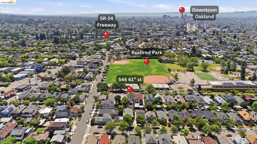 Aerial perspective showcasing the urban landscape with residential properties and green spaces