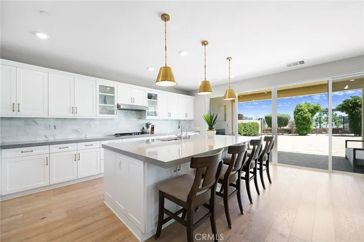 Large center island, soft close cabinetry, pendent lighting, quartz counter tops, marble backsplash