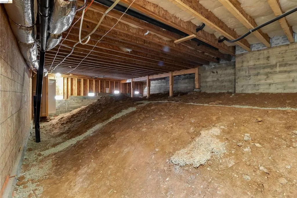 Unfinished crawl space with exposed wood joists and subflooring