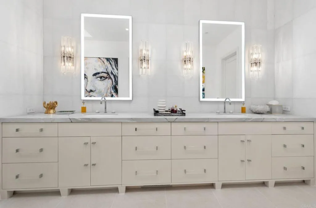 Primary bathroom shared countertop space.