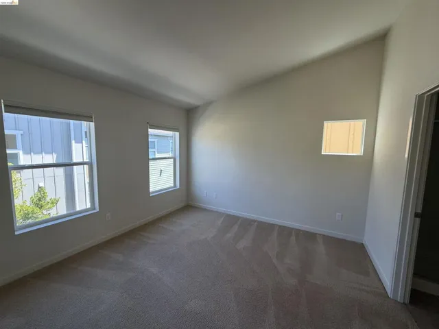 Carpeted room featuring a vaulted ceiling, multiple windows with roller shades, and light-toned wall finishes