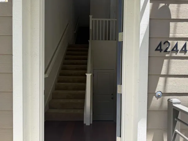 Entryway featuring a carpeted staircase with white railings, a solid door beneath the stairs, and wood-finish flooring