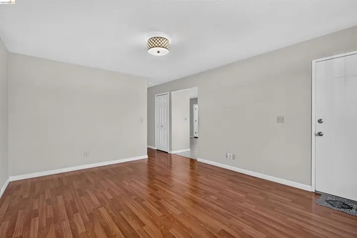 Spacious living area featuring wood-finish flooring, light gray walls, white trim, and a contemporary ceiling light fixture