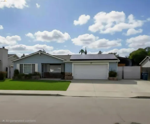 Light blue siding exterior with a pitched roof and attached garage