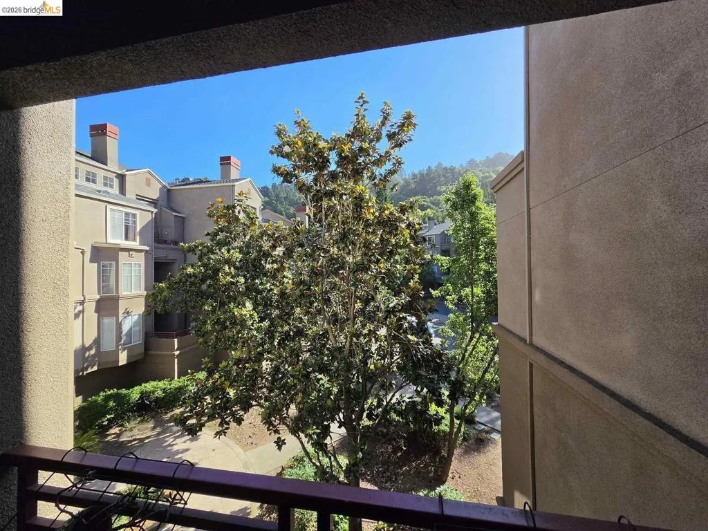Exterior balcony with metal railing, featuring mature trees and distant residential architecture