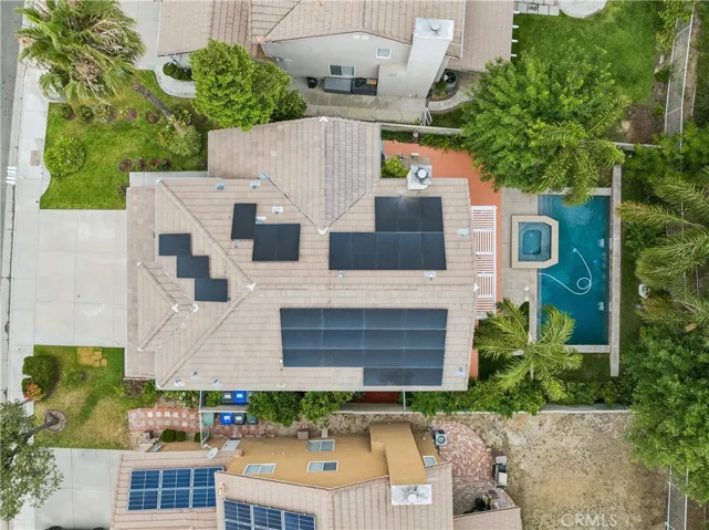 Overhead view featuring solar panels.