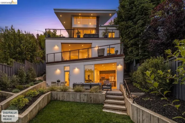 Contemporary multi-level residence featuring expansive balconies with glass railings, a flat roofline, and a private, terraced backyard