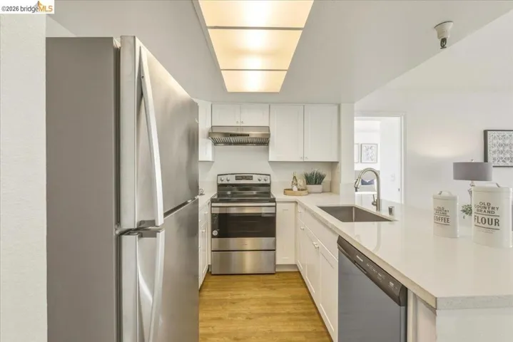 Contemporary kitchen featuring stainless steel appliances, white cabinetry, integrated sink, and wood-finish flooring under a ceiling light panel