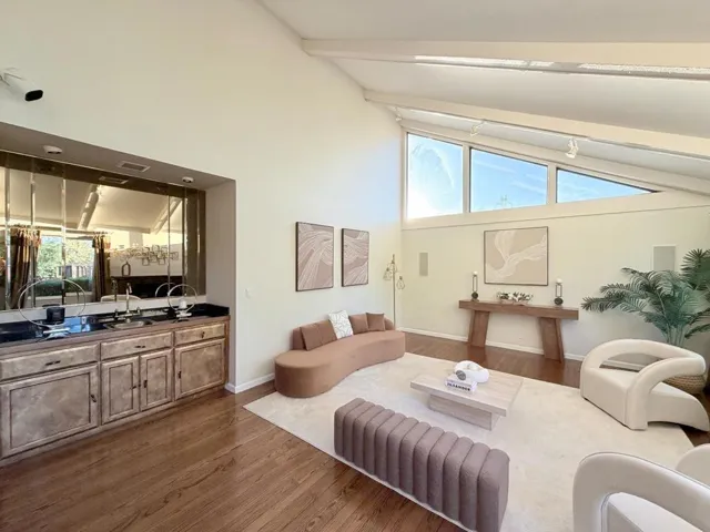Bright Living Room with Wet Bar and Vaulted Ceilings