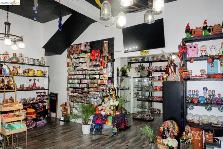 Retail space featuring wood-finish flooring and track lighting