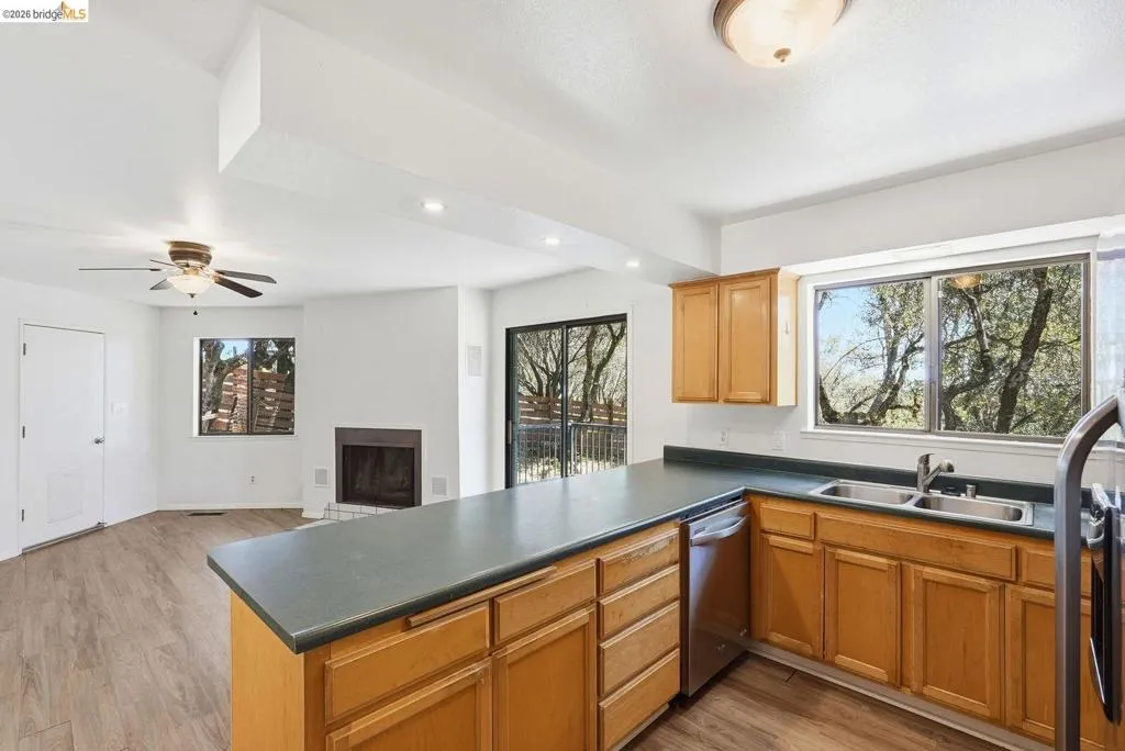 Kitchen featuring wood cabinetry, stainless steel dishwasher, and a double basin sink