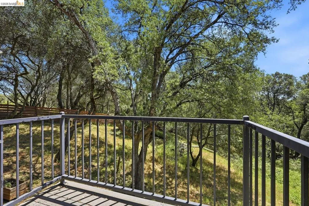 Outdoor balcony with dark-toned metal railings overlooking a wooded landscape