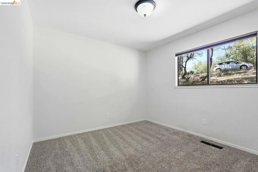 Carpeted interior room featuring a window with natural light, white walls, and a ceiling-mounted light fixture