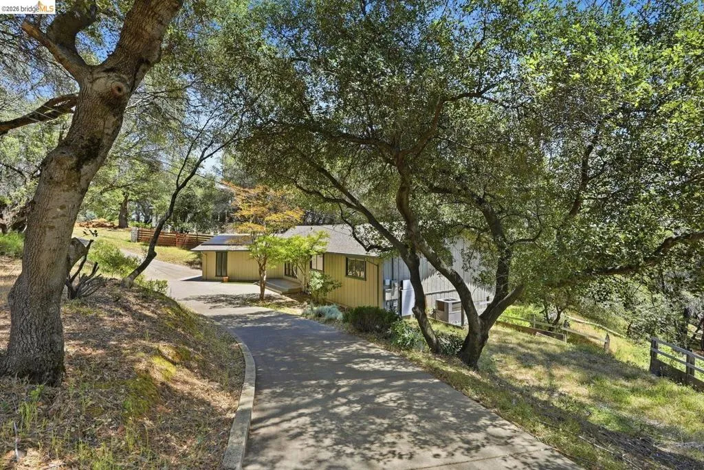 Asphalt driveway with concrete curbing leading to a single-story residence