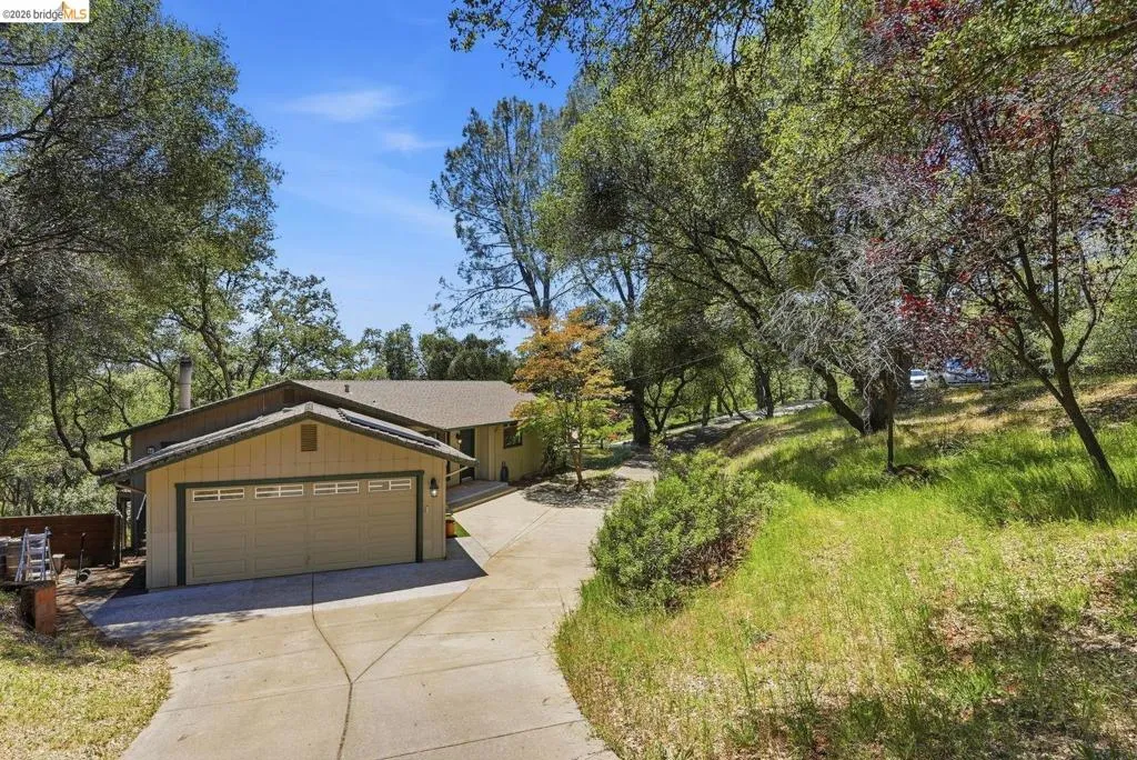 Contemporary-style residence featuring a two-car garage with panel doors, a concrete driveway, and a tan exterior with dark trim