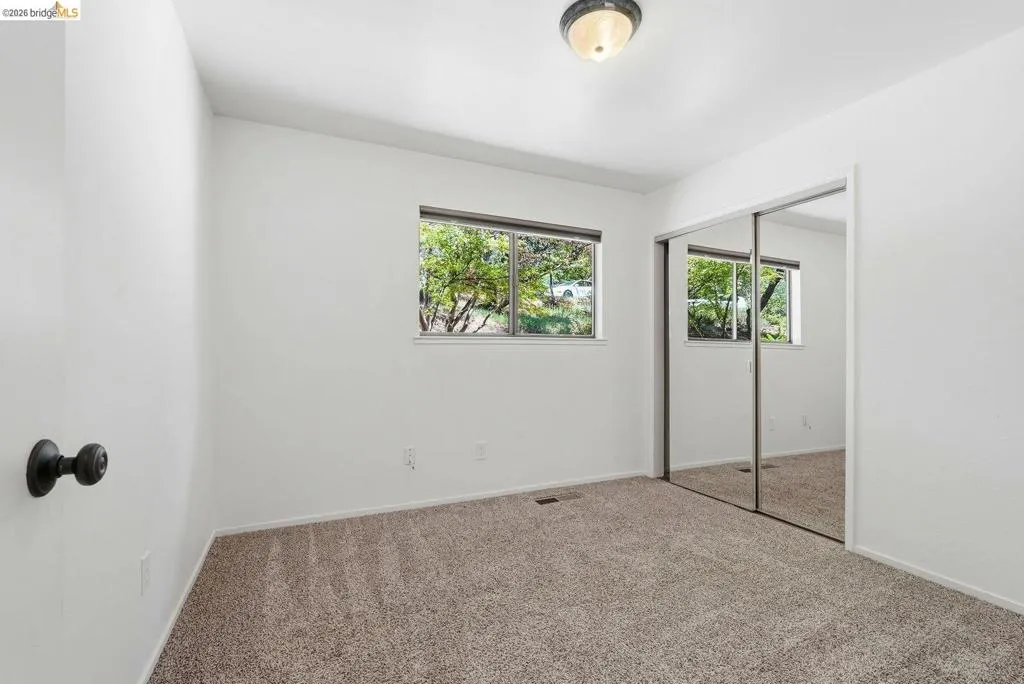 Neutral carpet flooring with white baseboards, a window with exterior tree-lined scenery, and a mirrored sliding closet door