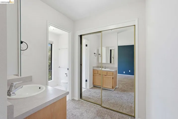 Vanity area featuring a built-in sink, wood cabinetry, and a mirrored closet