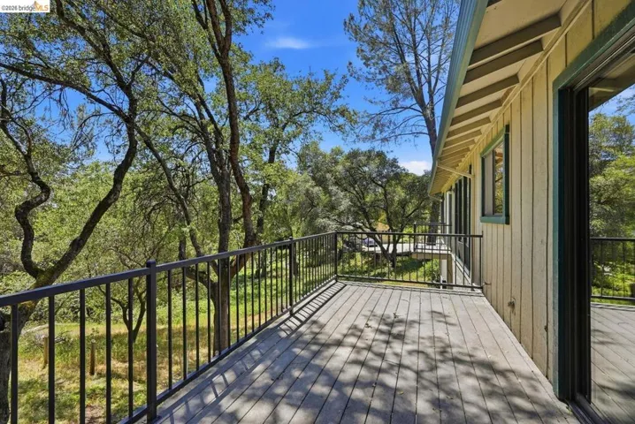 Expansive outdoor deck with wood-finish flooring and black metal railings
