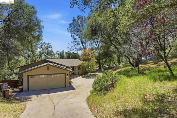 Contemporary-style residence featuring a two-car garage with panel doors, a concrete driveway, and a tan exterior with dark trim
