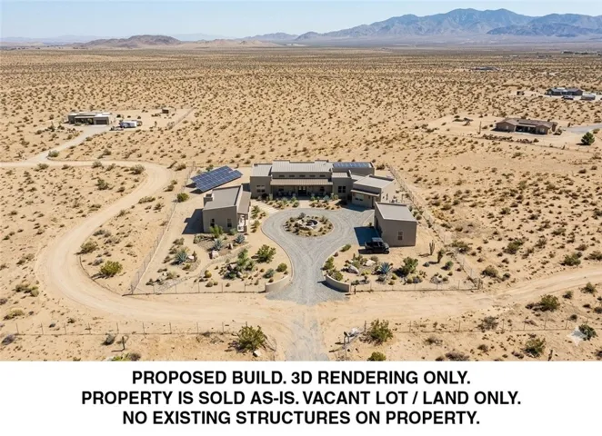 High-angle 3D architectural rendering illustrating the ultimate potential for a multi-structure modern desert oasis on-site. Note: The structure shown is AI Generated and is a 3-D rendering only of what could potentially be built. The property is only vacant land. No plans or permits have been submitted.