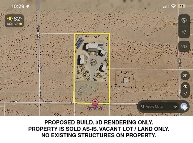 Conceptual site plan overlay on the satellite map, demonstrating how a 4-unit luxury compound perfectly fits within the 5-acre lot lines. Note: The structure shown is AI Generated and is a 3-D rendering only of what could potentially be built. The property is only vacant land. No plans or permits have been submitted.