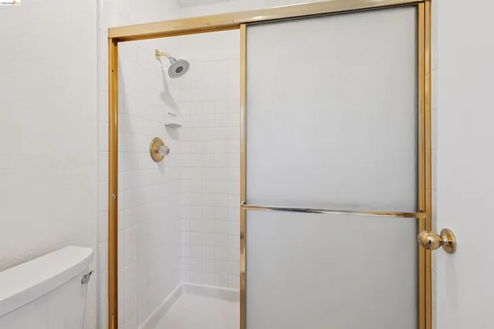 Shower enclosure featuring gold-tone framing and frosted glass sliding doors