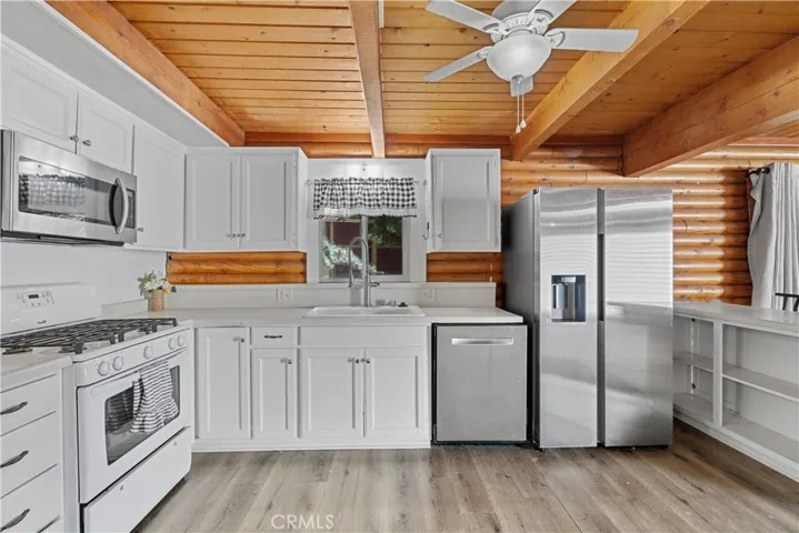 Kitchen with dishwasher and fridge.