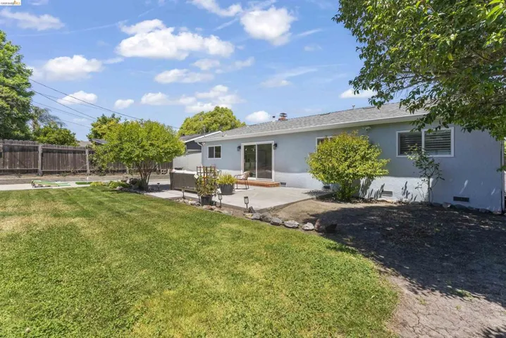 Expansive backyard featuring a manicured lawn, concrete patio, and mature trees