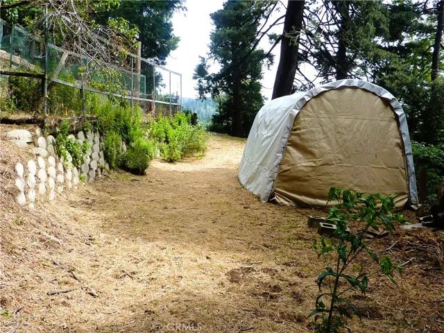 Lots of level area between the covered shed and the swing set.
