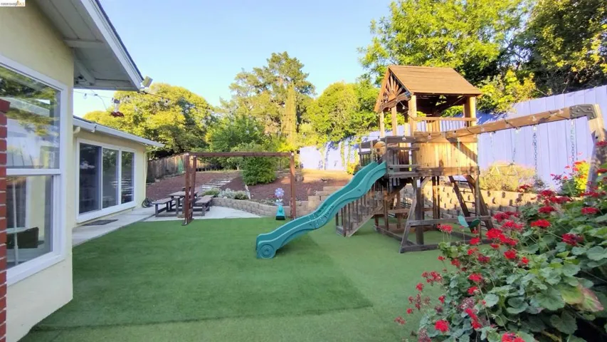 View of playground with a fenced backyard and a patio area