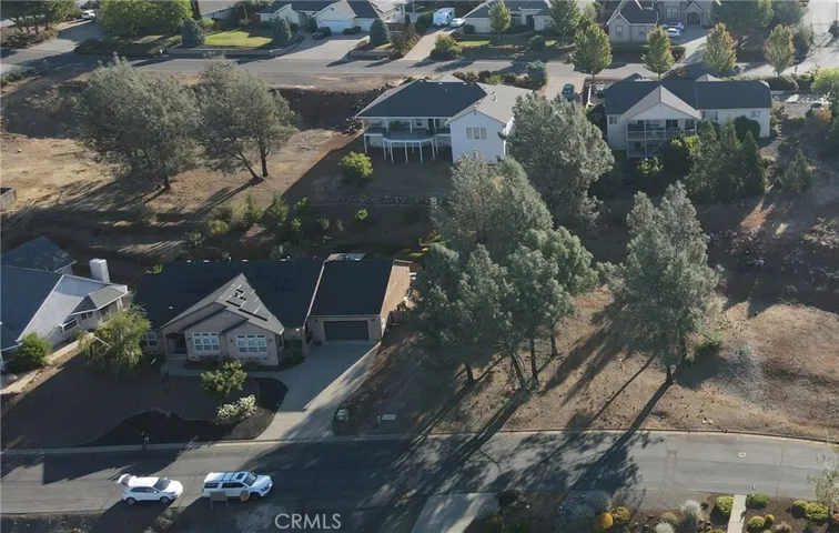 The lot with trees and surrounding neighborhood