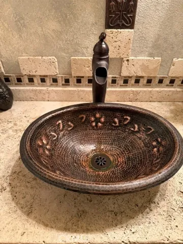 Copper Sink, Travertine Stone-Powder Room