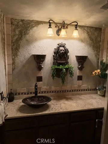 Powder Room, Copper Sink, Travertine Slab-Center View