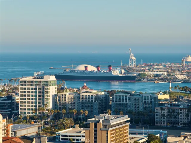 Aerial of the nearby harbor and Queen Mary beyond.