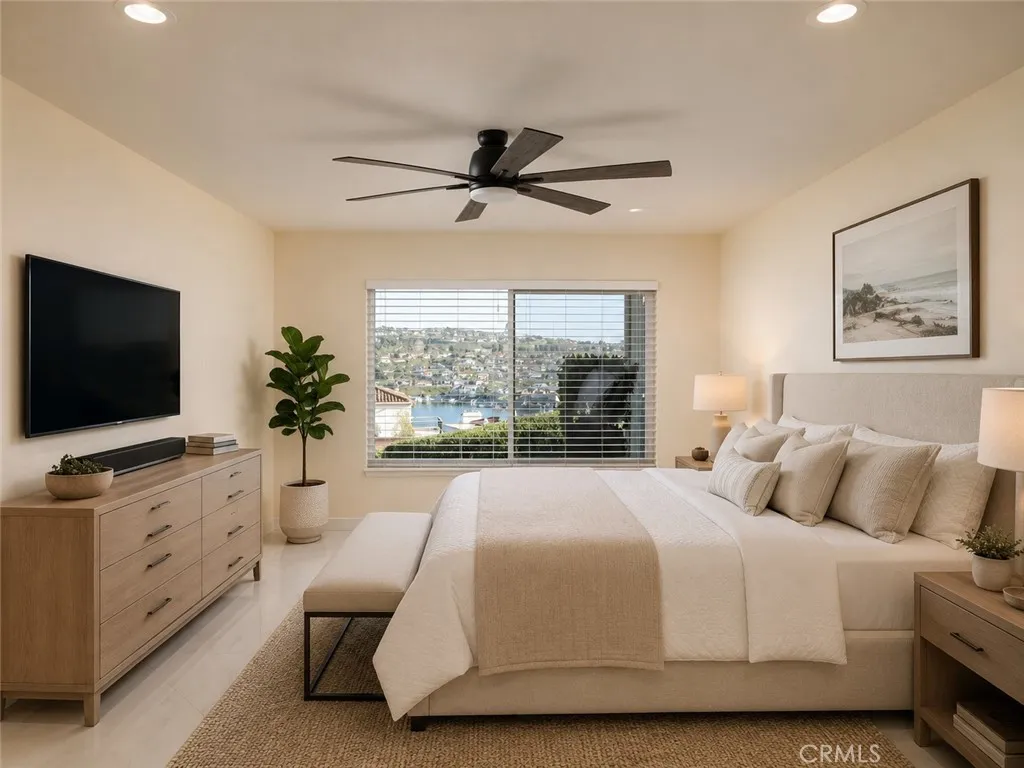Primary Bedroom with peaceful lake view. Digitally enhanced and virtually staged furniture.