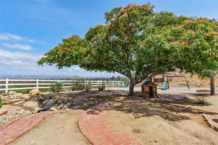 Playground, doll house and a tree for climbing.
