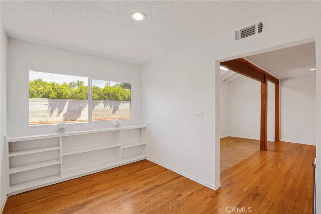 Dining room with built in shelves