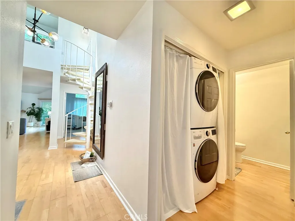 Indoor hallway laundry area.