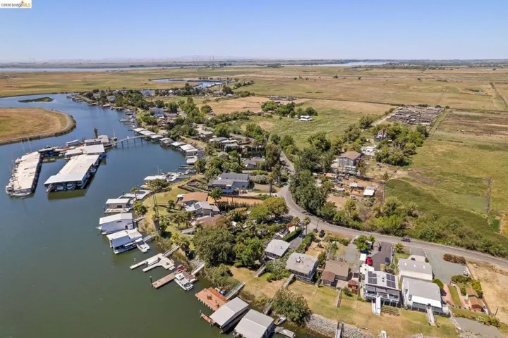 Aerial perspective of a waterfront community with direct river access