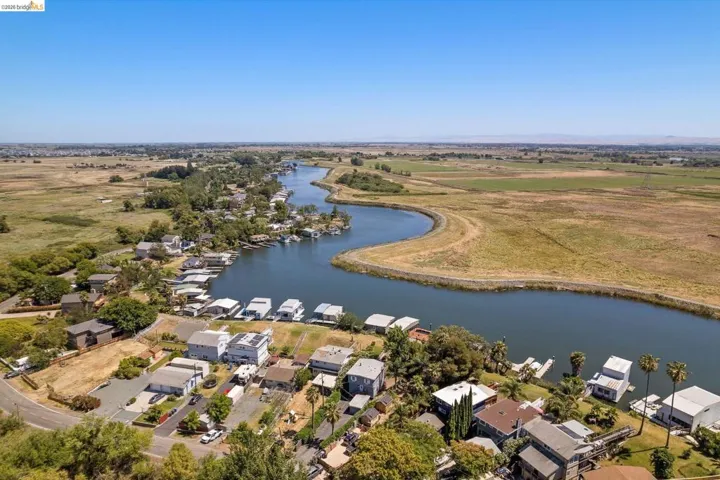 Aerial perspective showcasing waterfront properties along a winding river