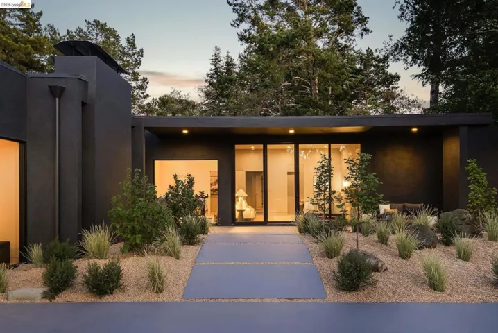 Modern single-story exterior with dark stucco finish, flat roofline, and integrated solar panels