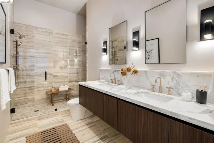 Dual vanity with integrated sinks and stone countertop